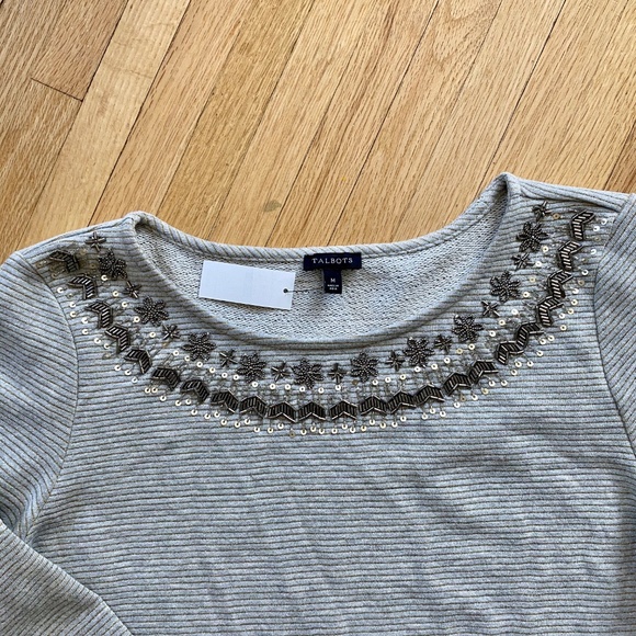 NWT Talbots Embellished Crewneck Fair Isle Gray Pinstripe 3/4 Sleeve Top Size M - Picture 3 of 8